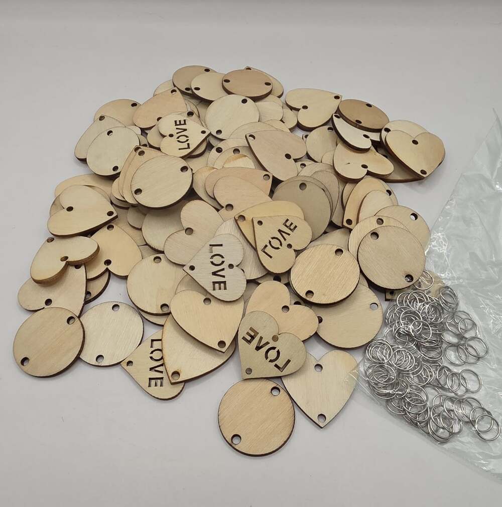 Wooden Hearts Circle Cutouts Crafts Keychain LOVE